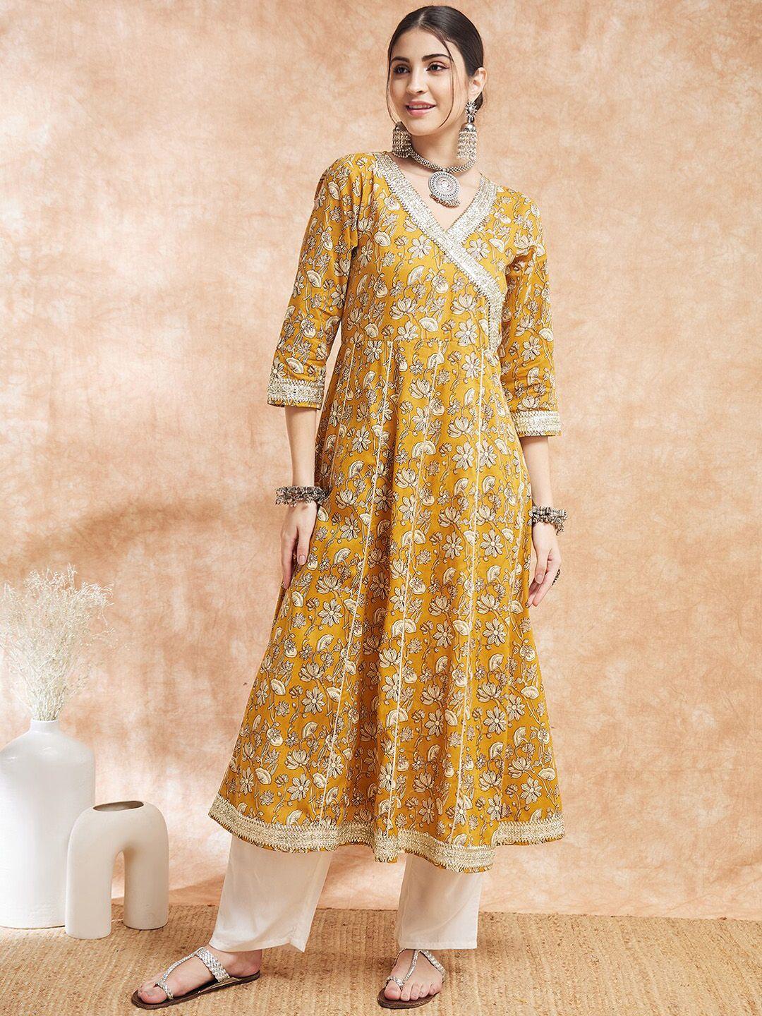 inweave floral printed v-neck cotton anarkali kurta