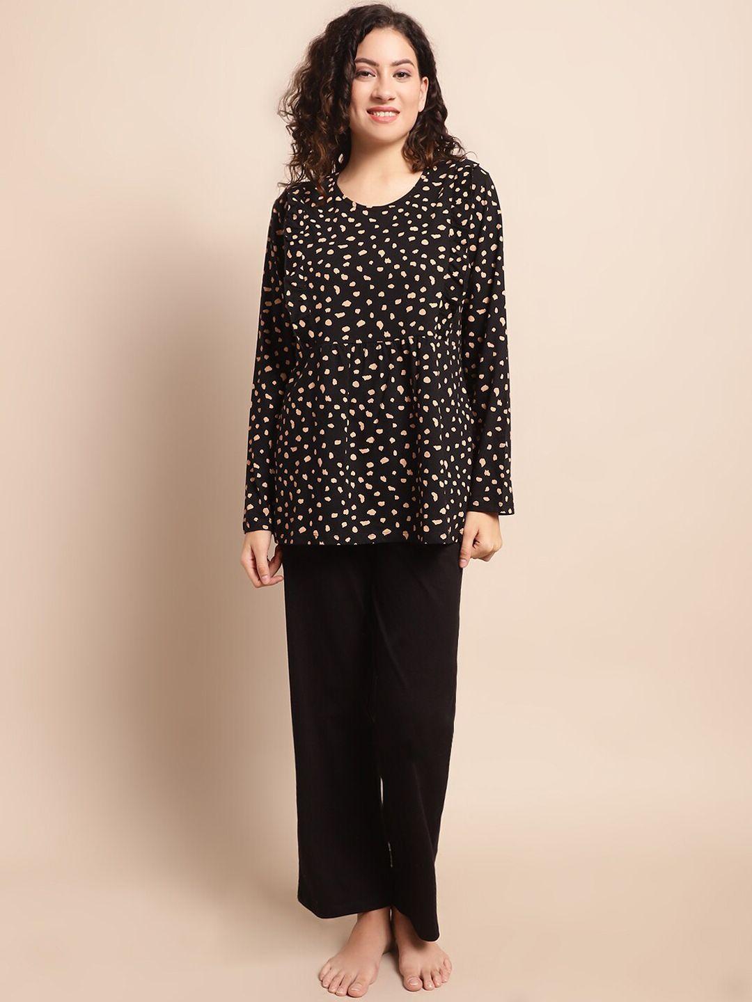 kanvin black & white polka dots printed night suit