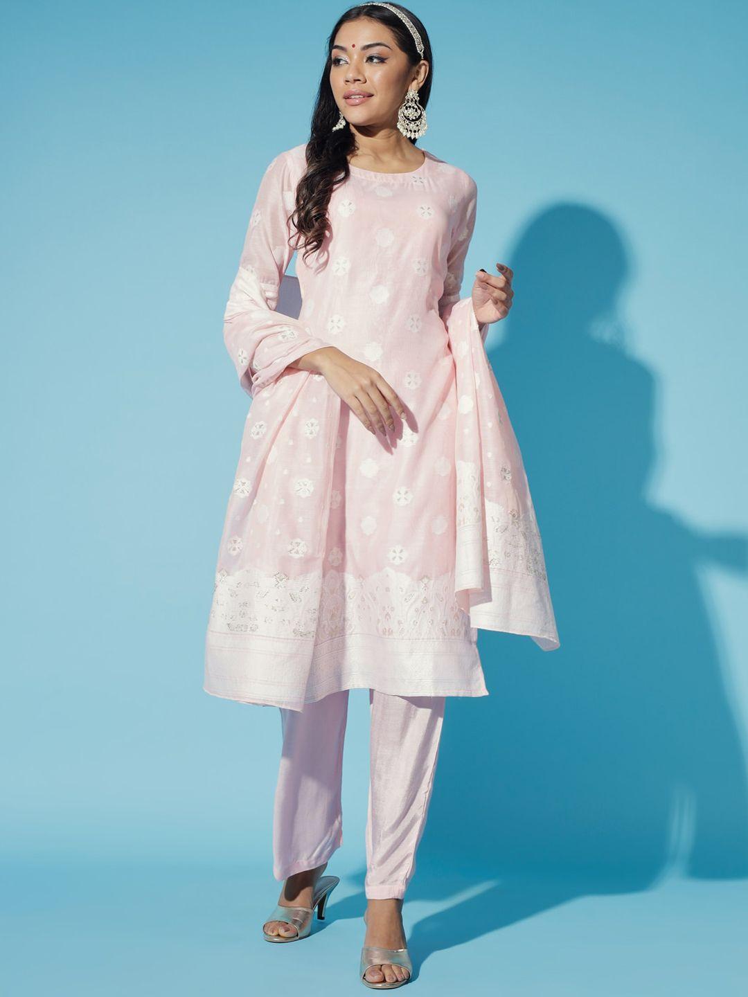 sangria abstract printed chanderi cotton straight kurta with trousers & dupatta