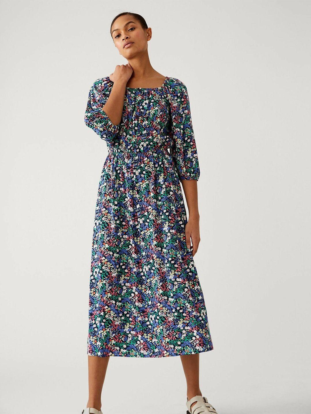 marks & spencer floral printed square neck smocked puff sleeves fit & flare midi dress