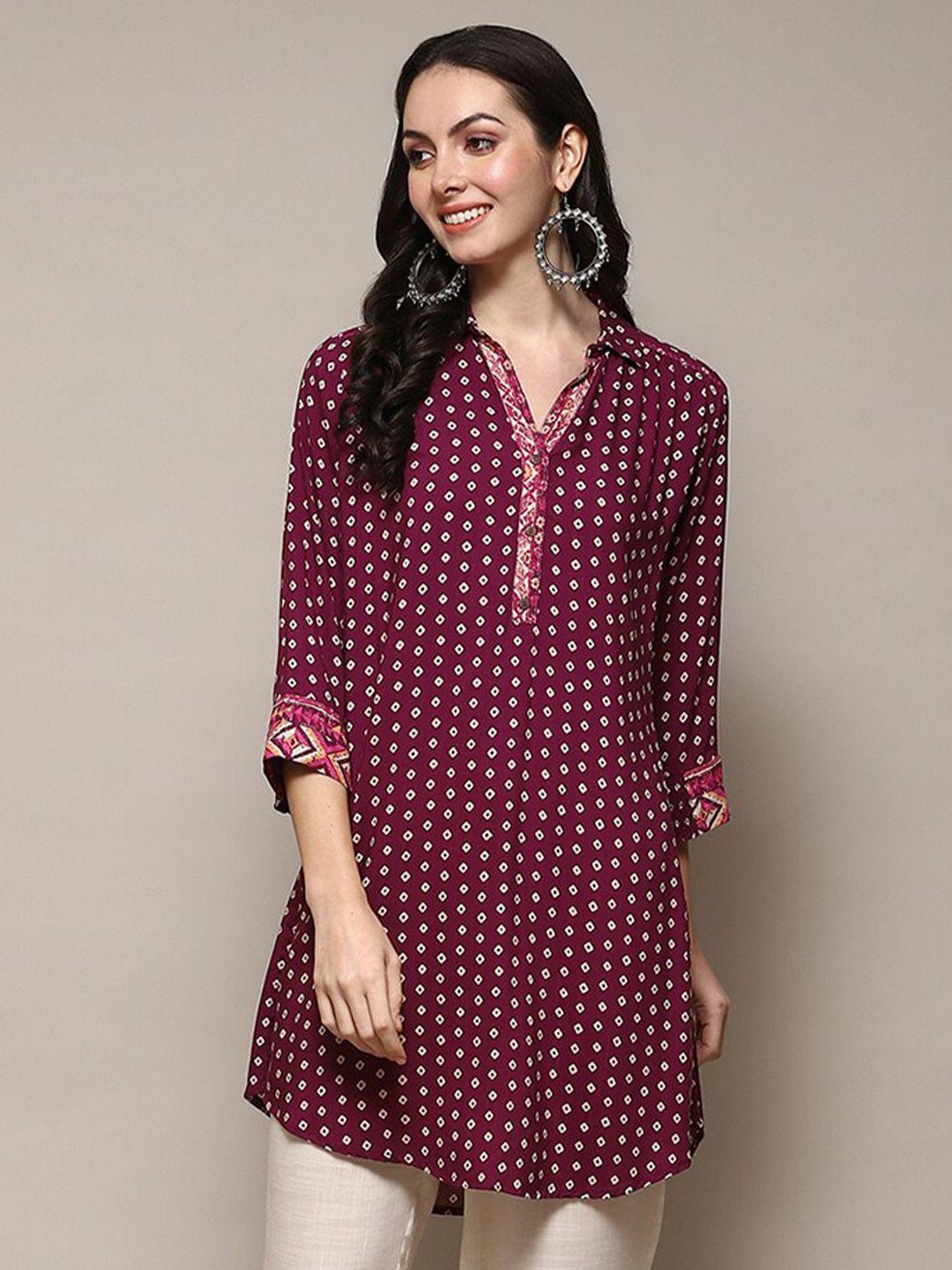 biba bandhani printed shirt collar kurti