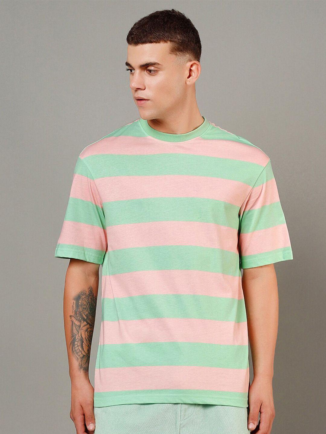 bewakoof green striped round neck drop-shoulder cotton t-shirt