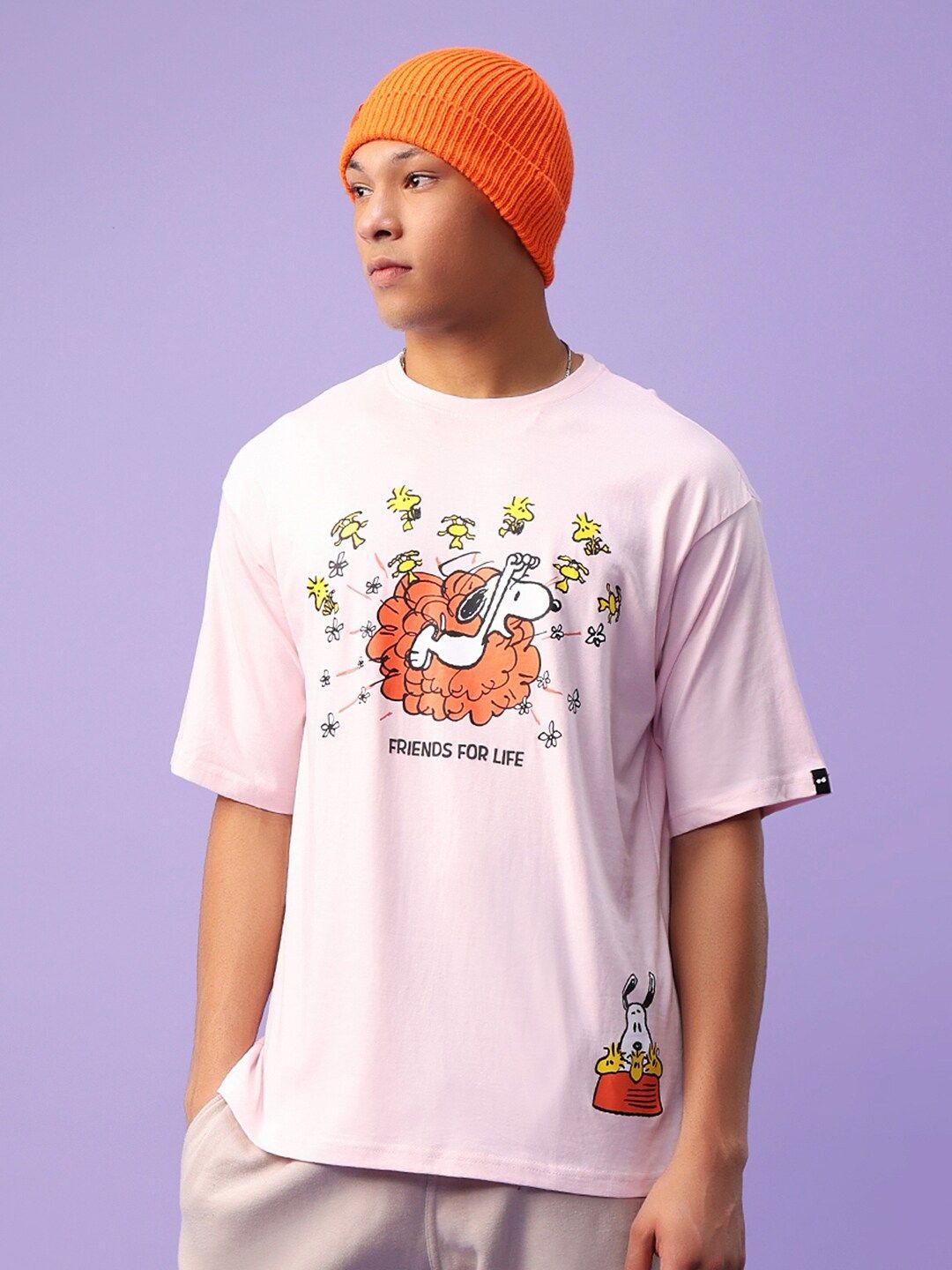 bewakoof pink peanuts printed round neck drop-shoulder cotton t-shirt