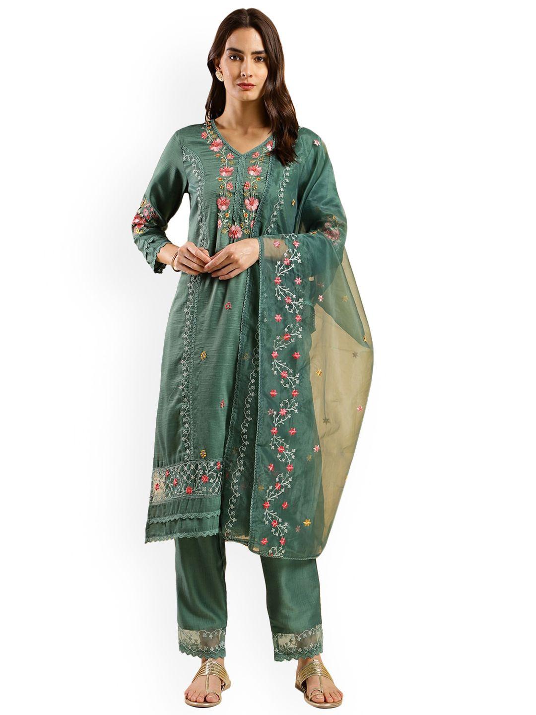 nimayaa floral embroidered regular thread work kurta with trousers & dupatta