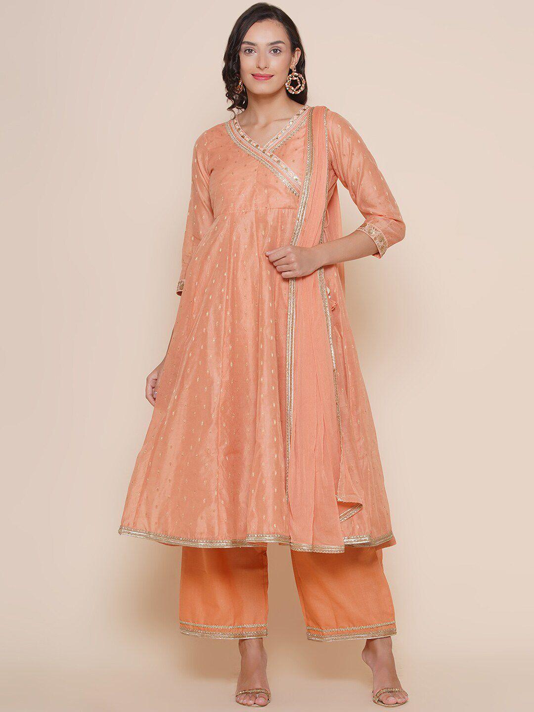 bhama couture women peach-coloured embroidered angrakha chanderi silk kurta with palazzos & with dupatta