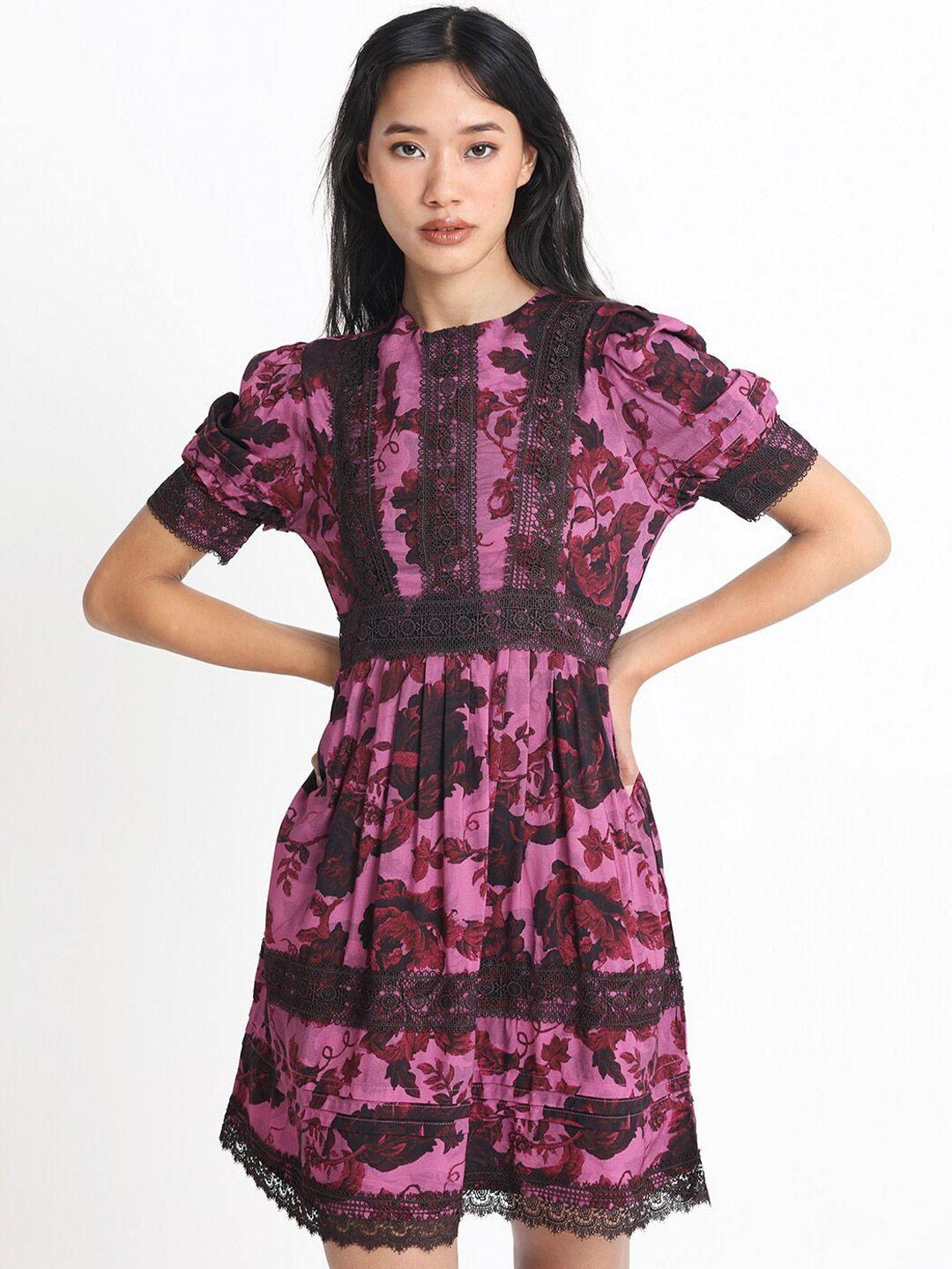 rareism maroon floral print puff sleeve fit & flare dress