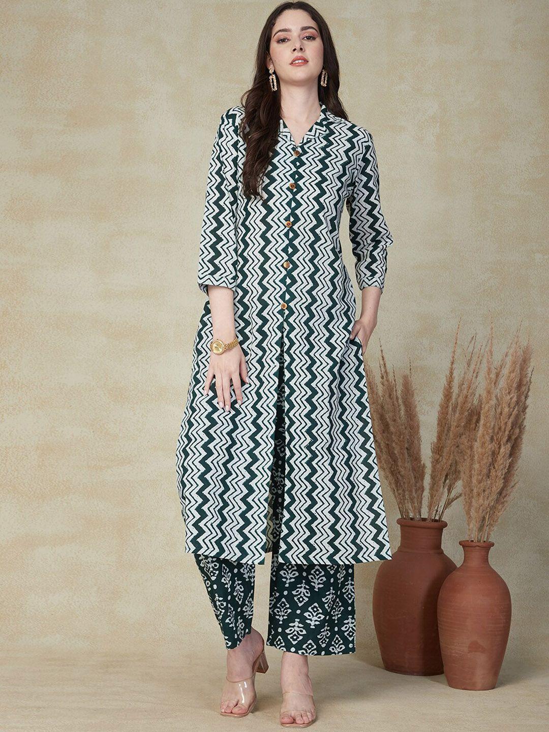 fashor women green printed regular pure cotton kurta with palazzos