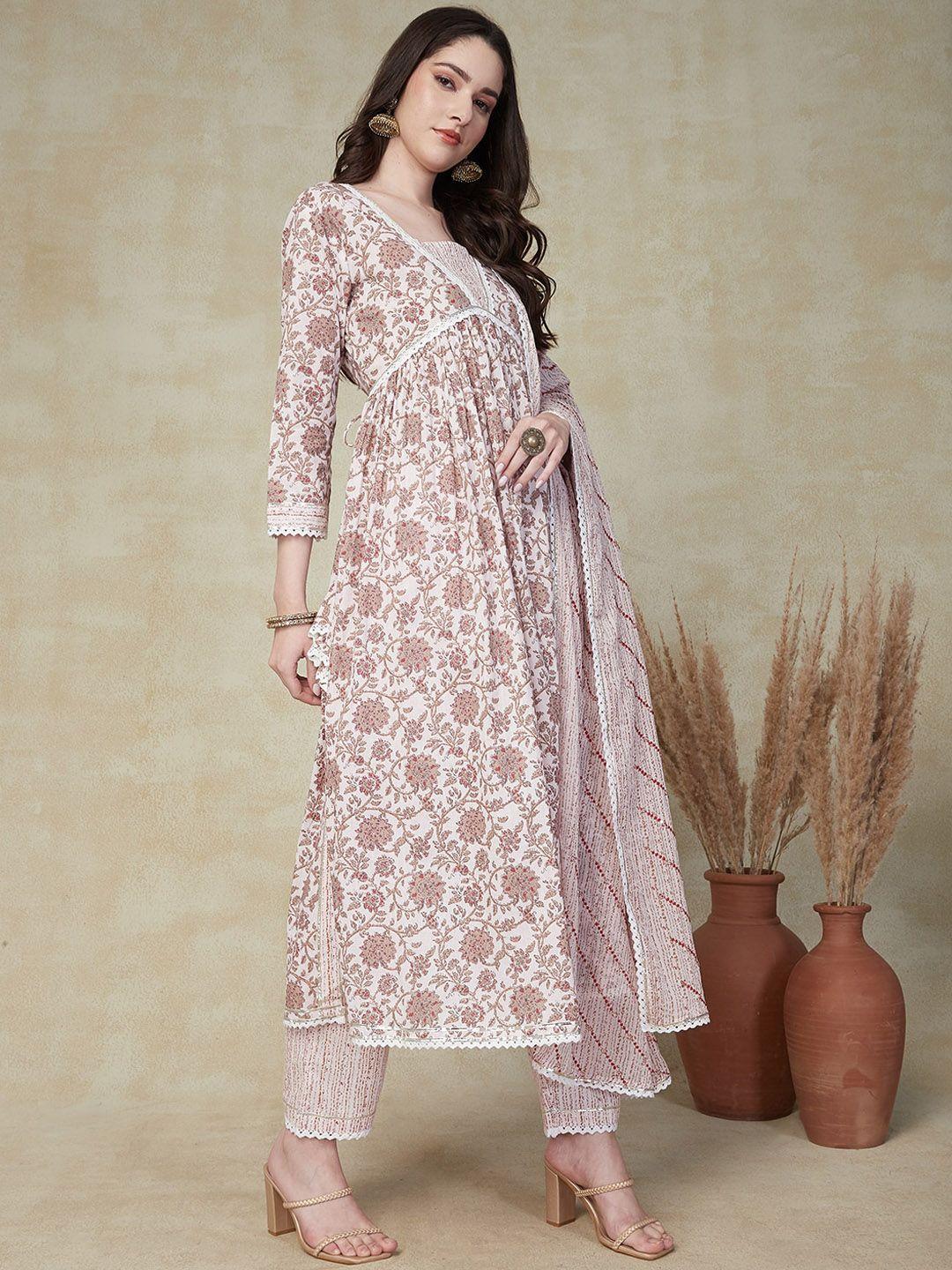 fashor women pink floral printed pleated pure cotton kurta with trousers & with dupatta