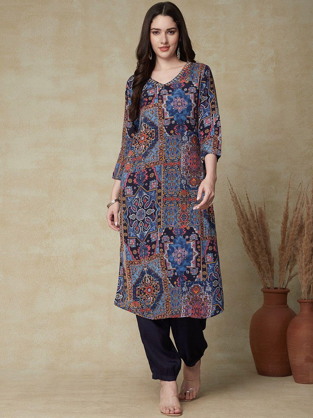 fashor women blue printed regular beads and stones kurta with trousers