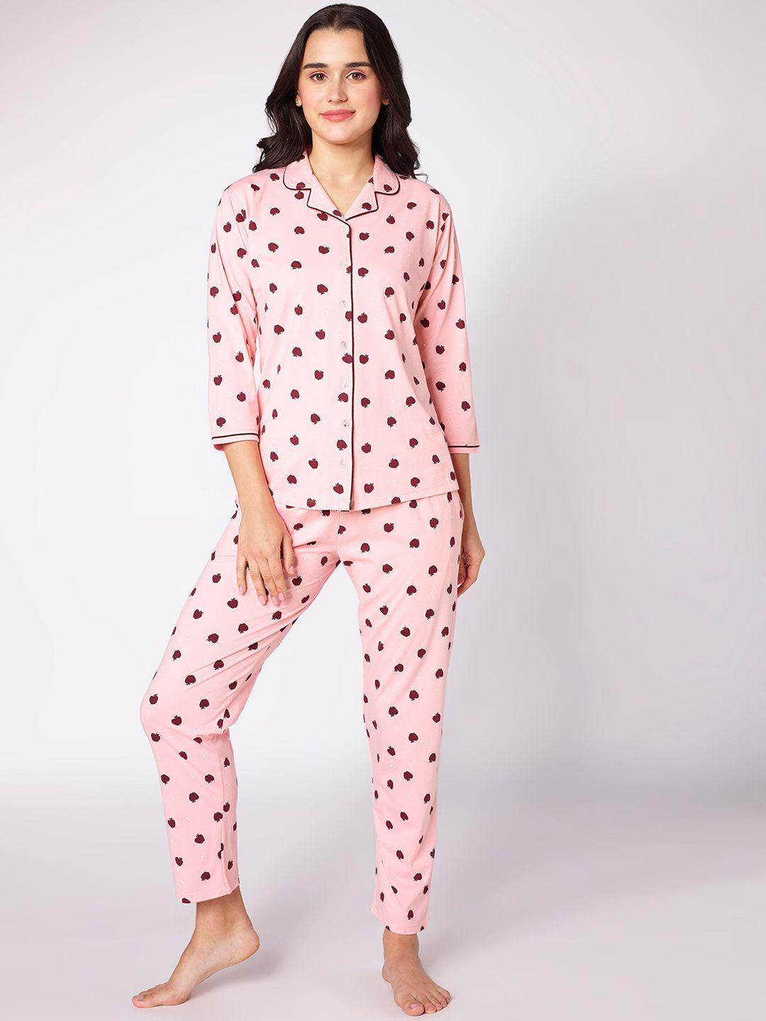 beebelle pink & red polka dots printed lapel collar night suit