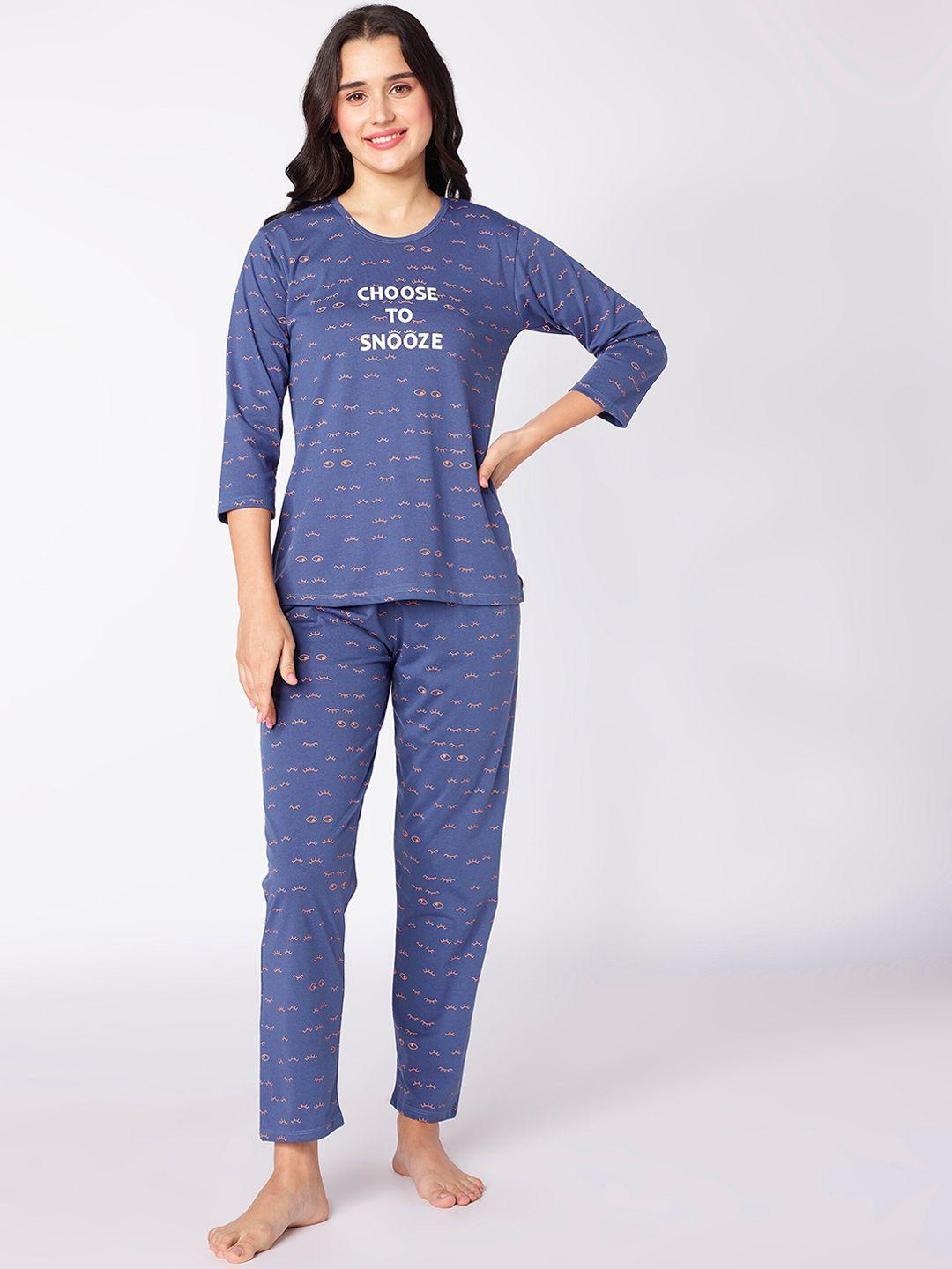 beebelle navy blue & white graphic printed night suit