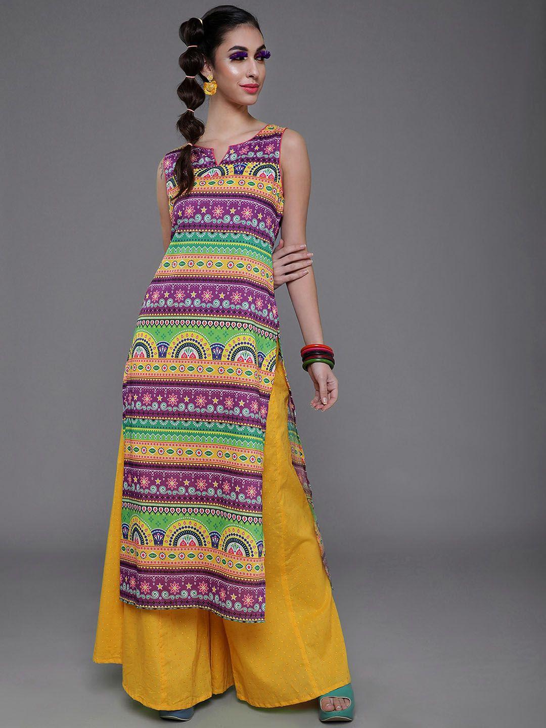 aks ethnic motifs printed sleeveless cotton silk kurta