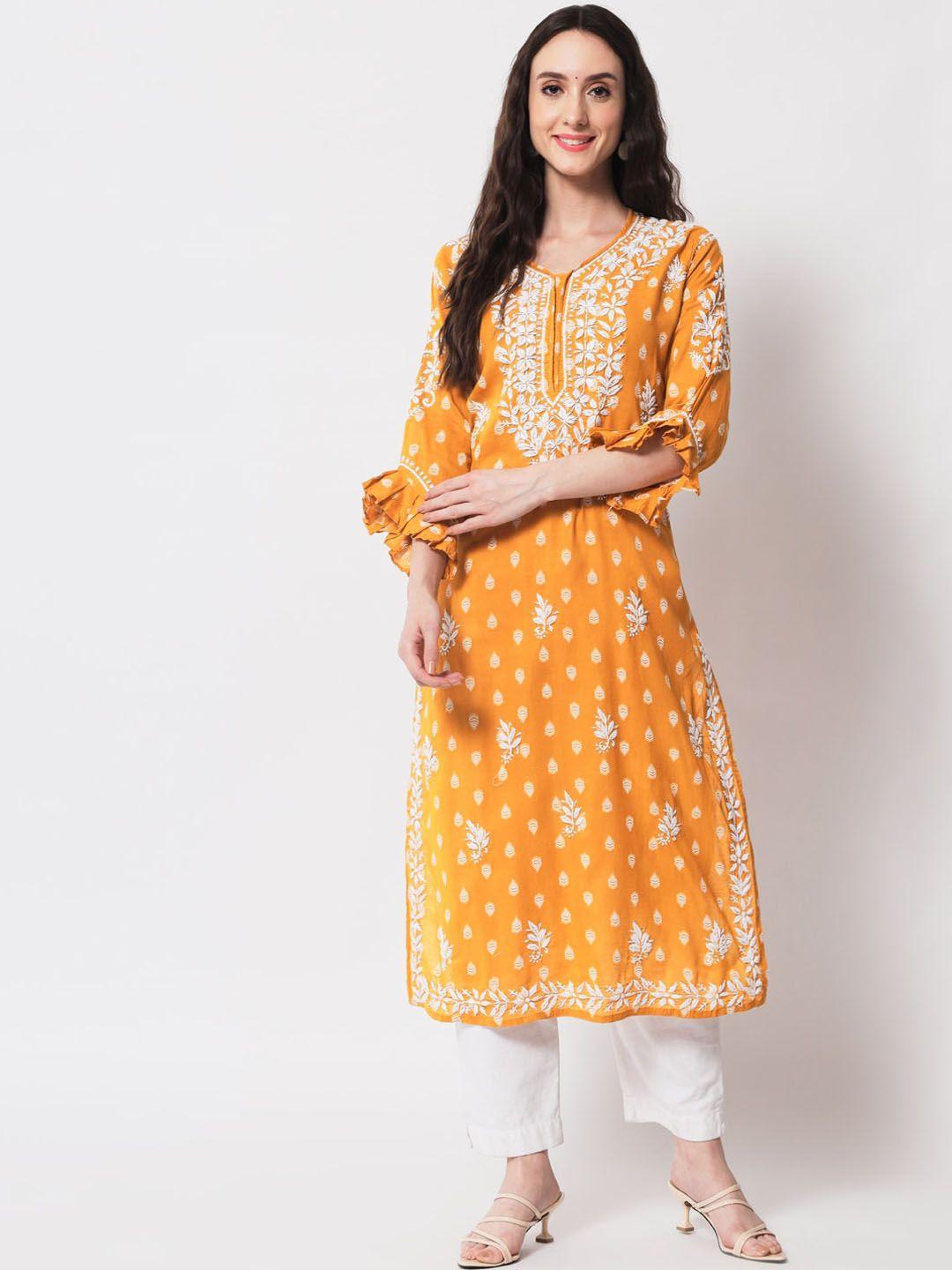 ethnava floral embroidered flared sleeves cotton regular kurta