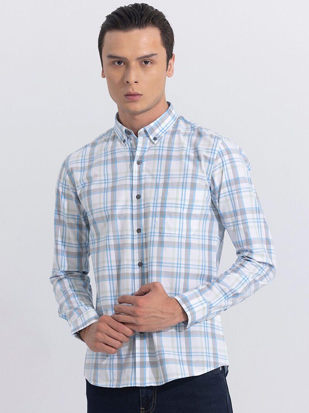 snitch blue classic slim fit tartan checked pure cotton casual shirt