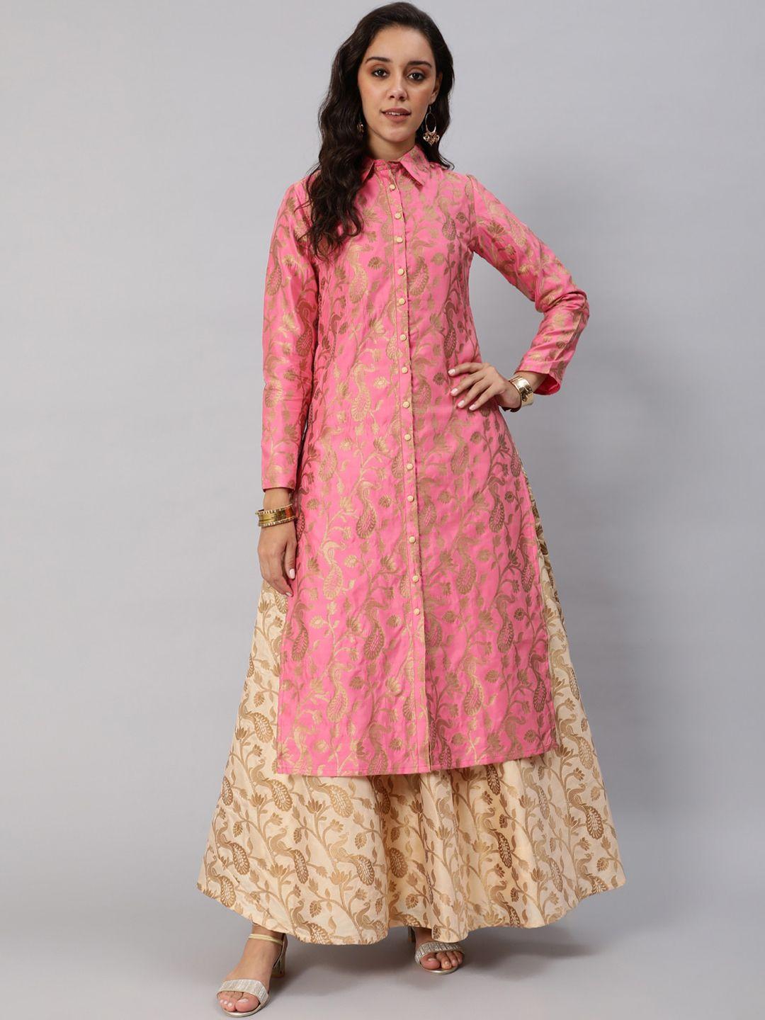 aks couture floral printed shirt collar zari jacquard kurta