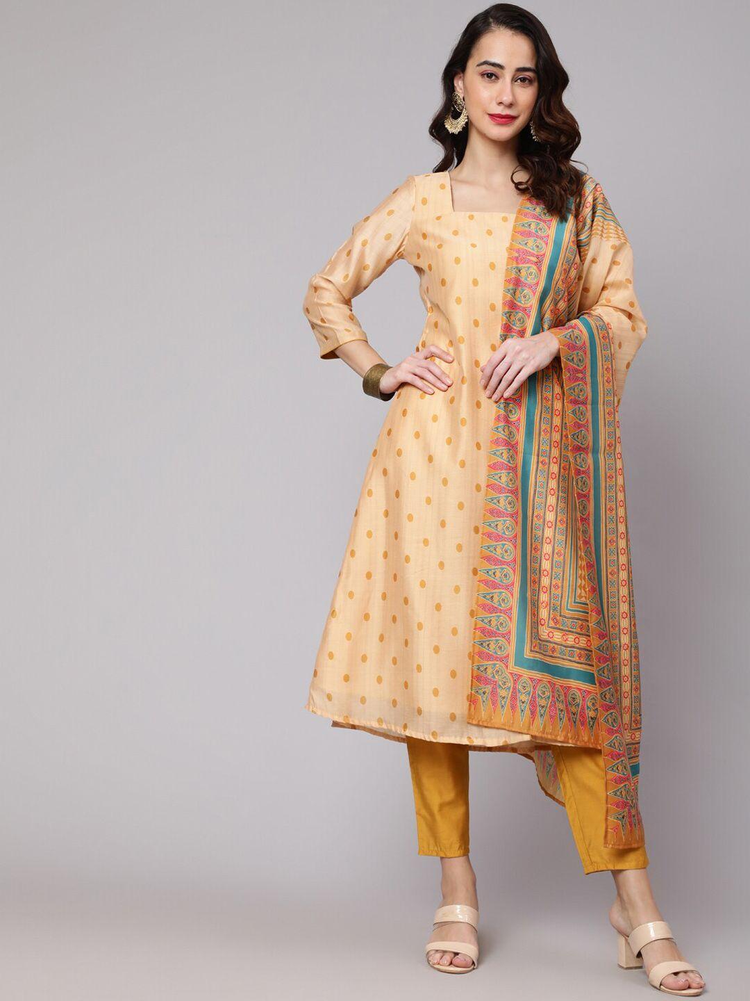 aks couture women cream-coloured printed regular chanderi silk kurta with trousers & with dupatta