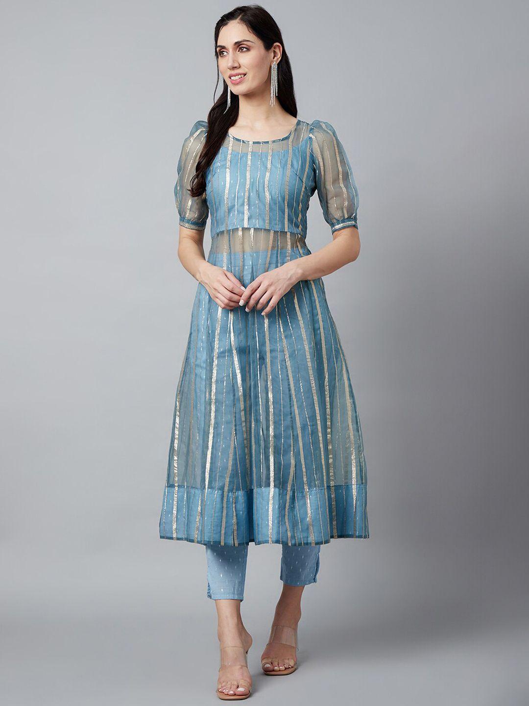 aks couture women blue embroidered regular kurta with trousers