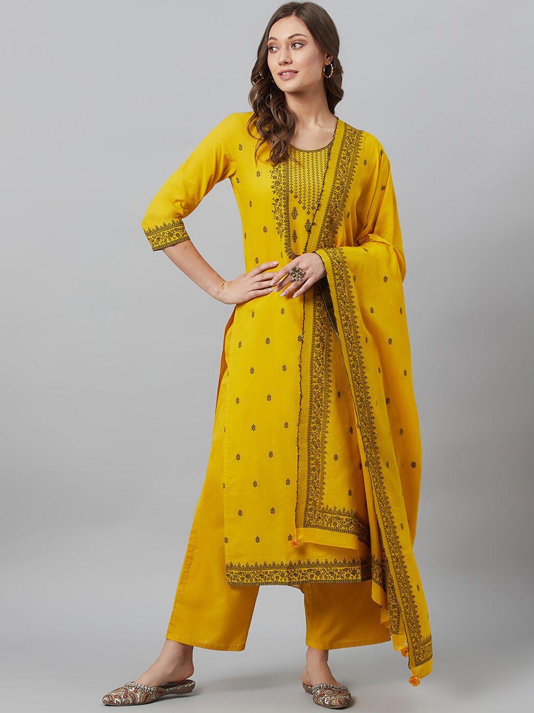 aks couture women mustard yellow ethnic motifs embroidered regular pure cotton kurta with palazzos & with