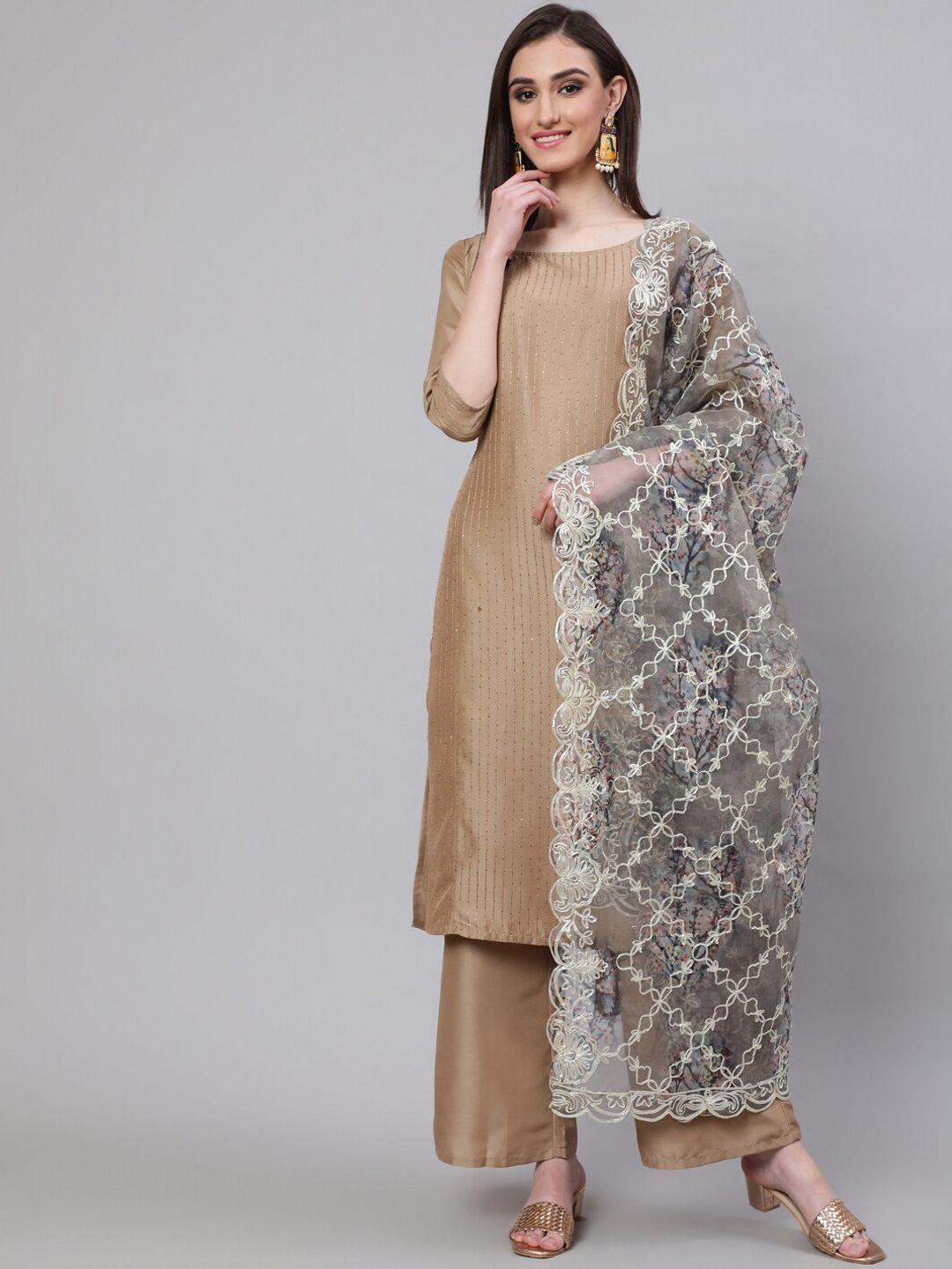 aks couture women beige embroidered regular sequinned kurta with palazzos & with dupatta