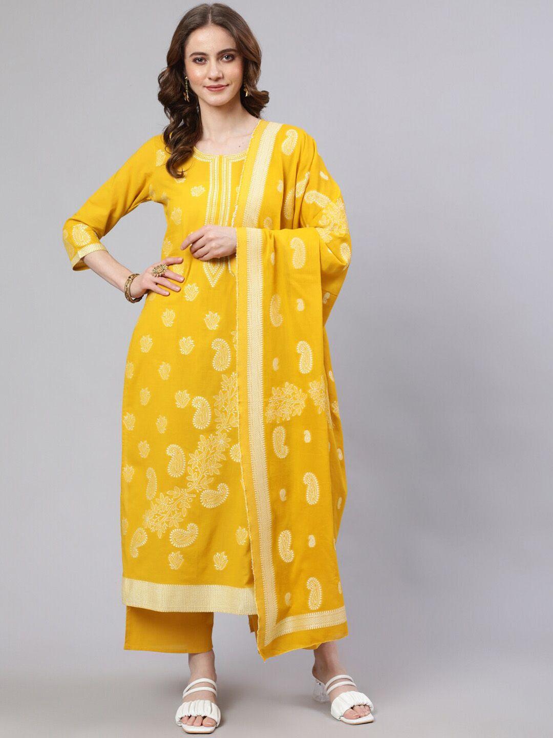 aks couture women yellow ethnic motifs embroidered regular pure cotton kurta with palazzos & with dupatta