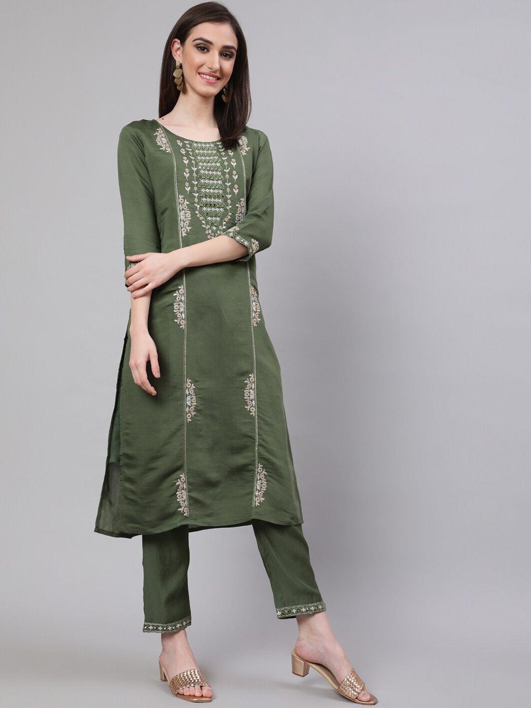 aks couture women green floral embroidered regular mirror work chanderi silk kurta with trousers & with