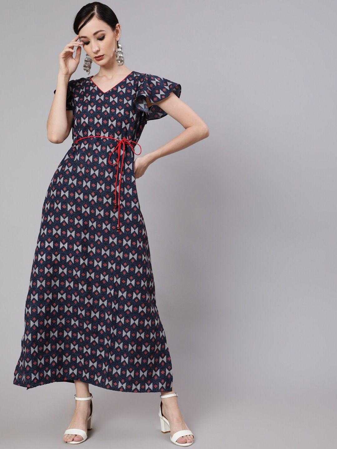 aks geometric printed v-neck flutter sleeve cotton maxi dress