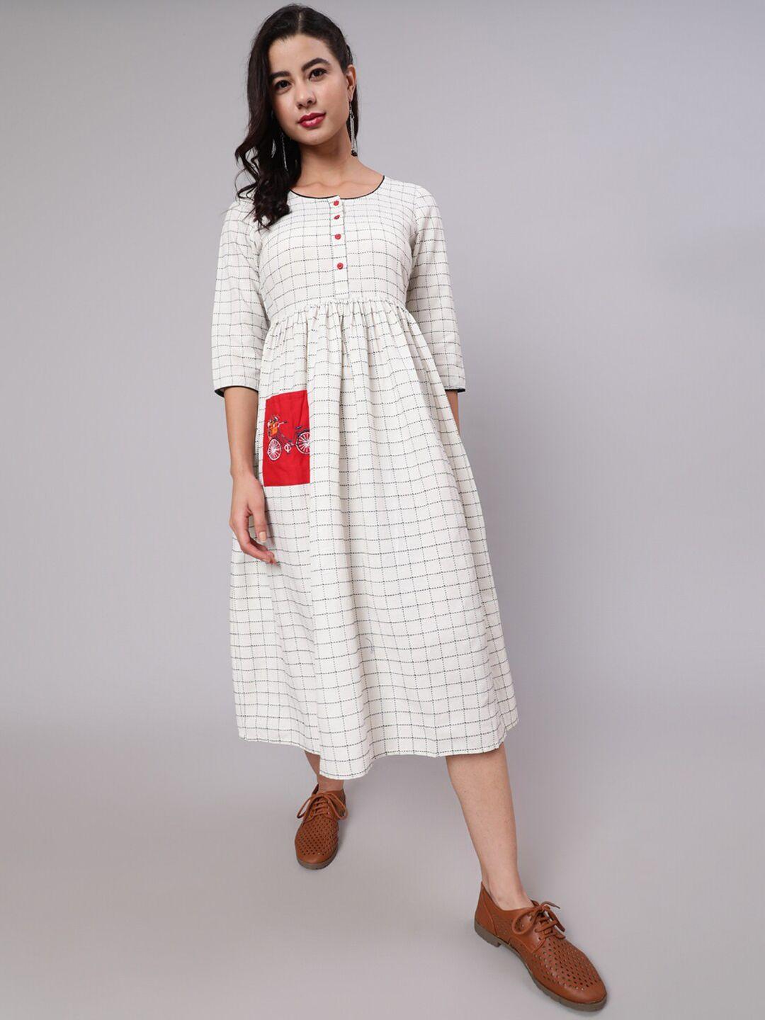 aks checked round neck cotton a-line midi dress