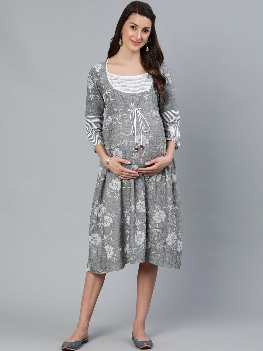 aks square neck floral printed maternity tie-ups a-line cotton midi dress