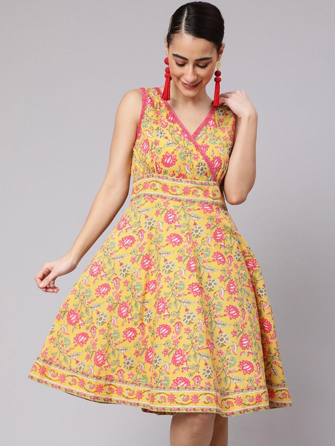 aks v-neck floral printed angrakha style a-line cotton above knee dress