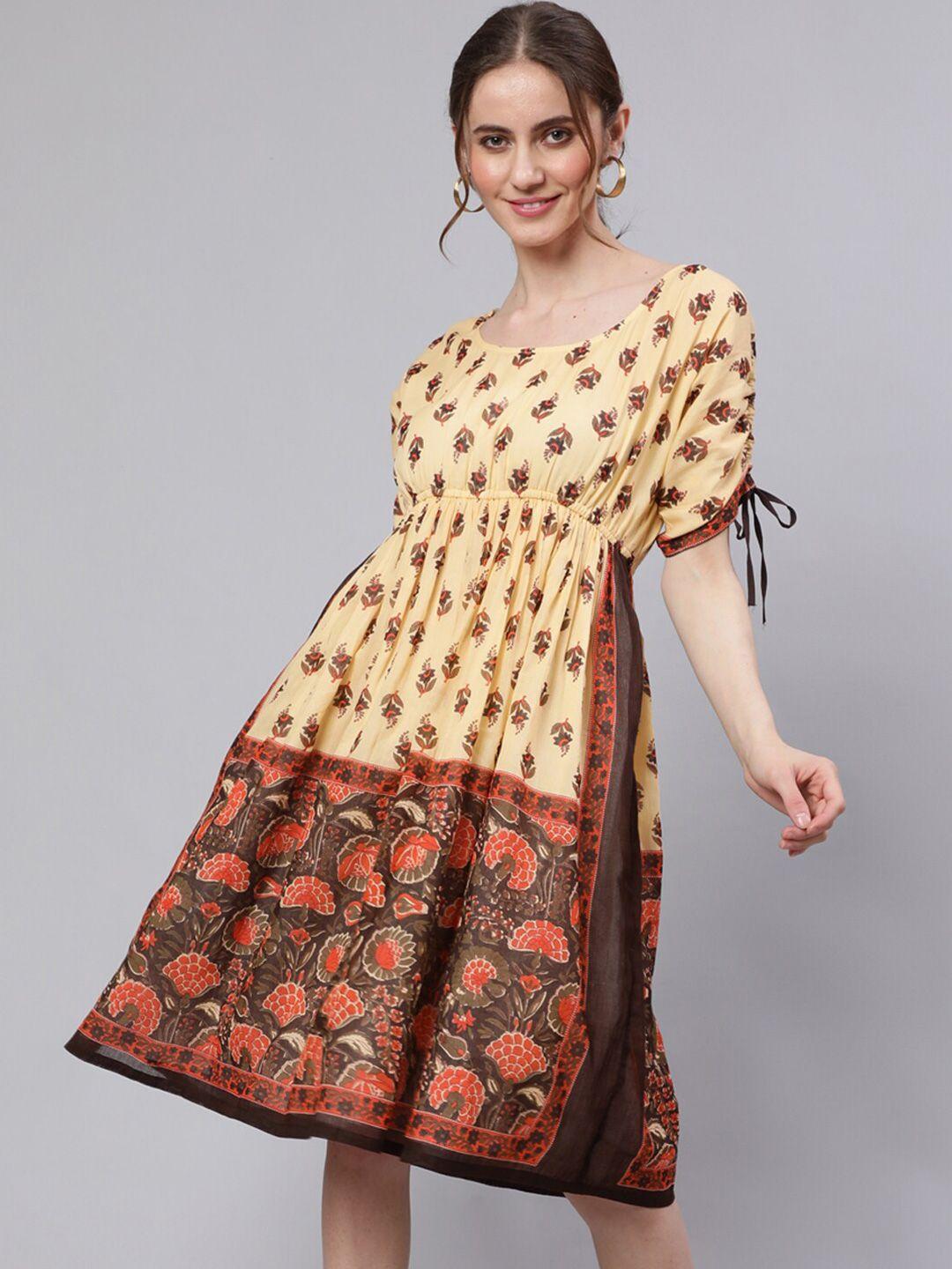 aks round neck ethnic motifs printed tie-ups fit and flare knee length cotton dress