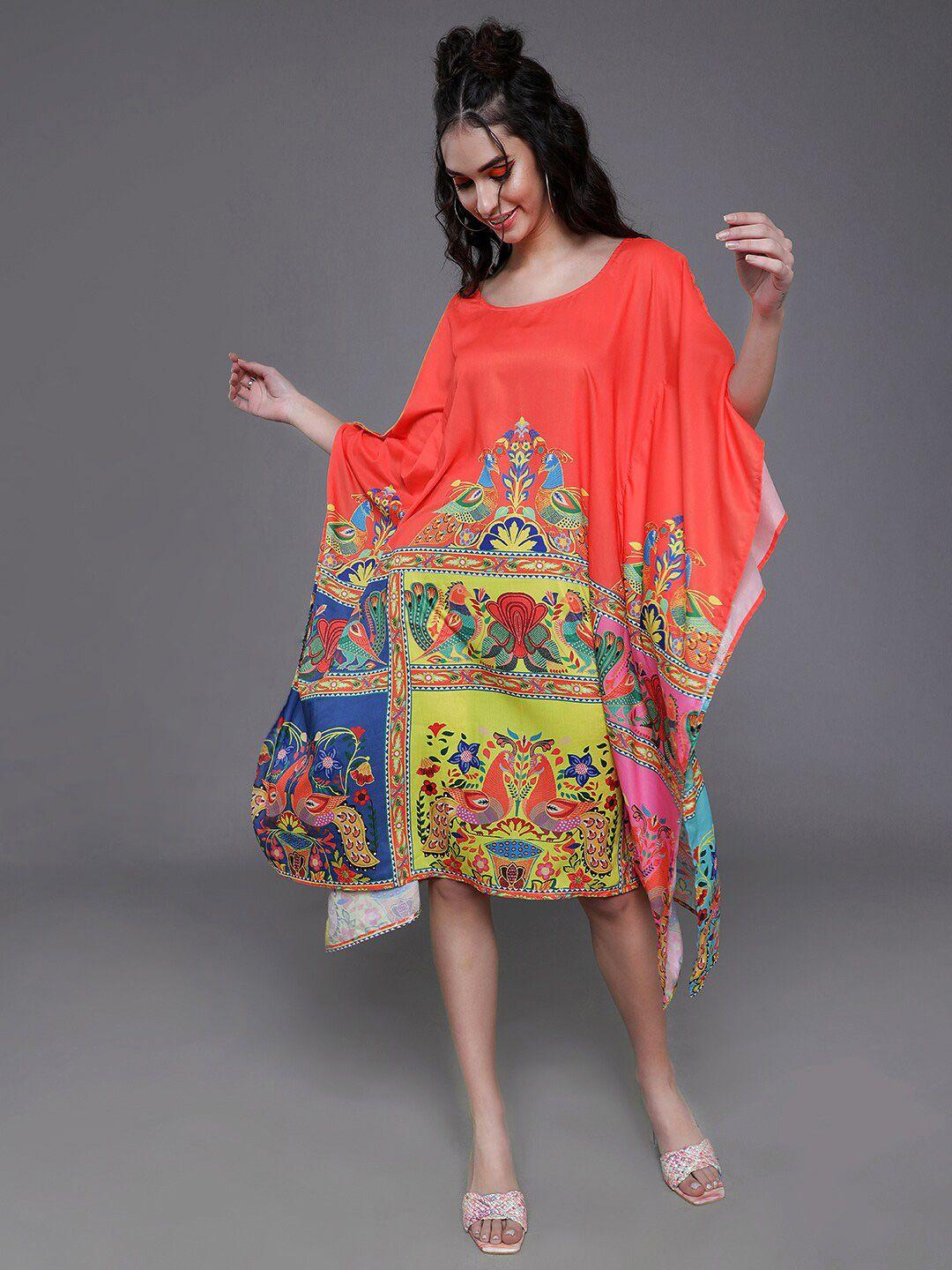 aks round neck ethnic motifs printed kaftan calf length silk dress