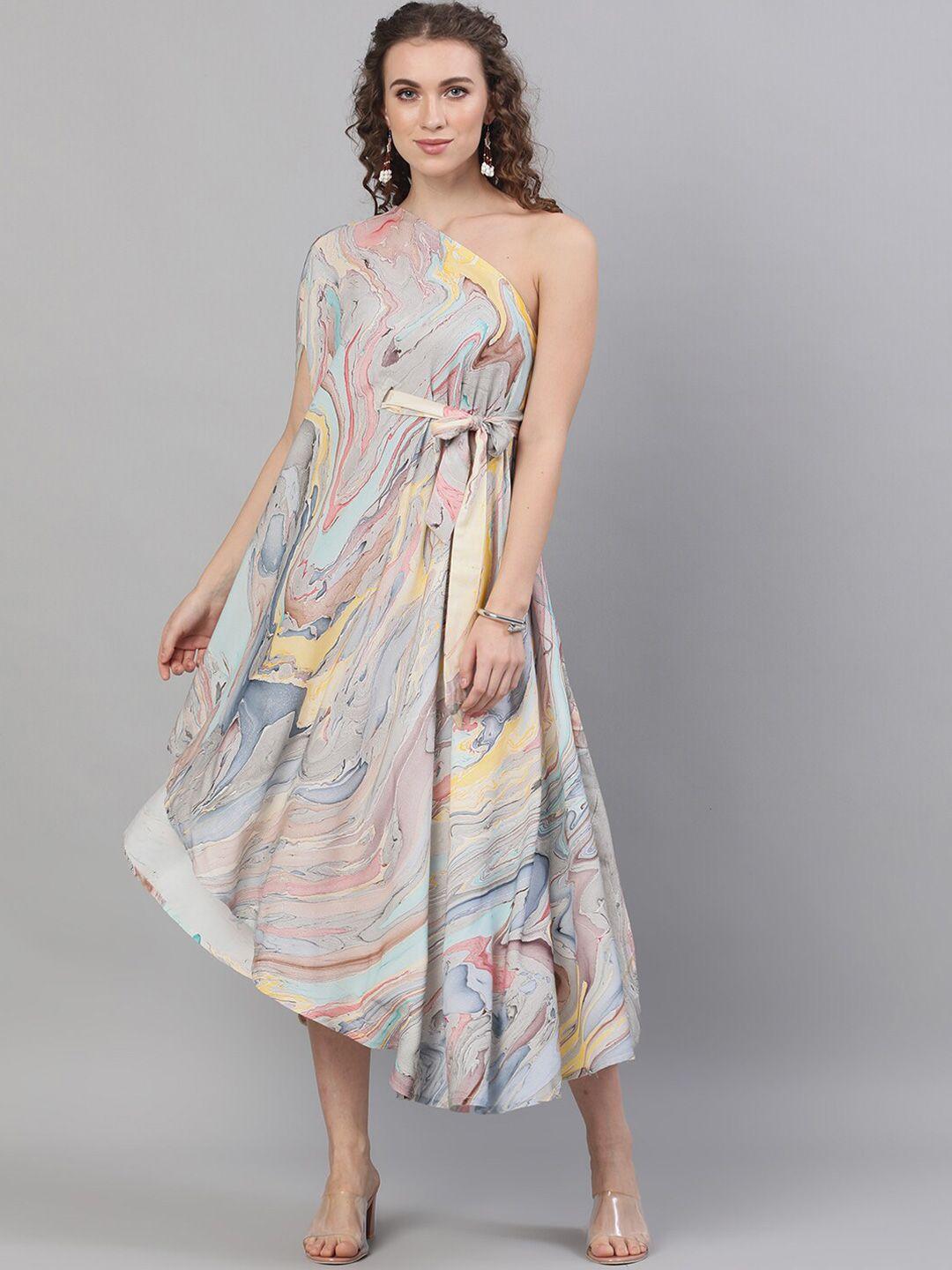 aks one shoulder neck abstract printed asymetric tie-ups a-line midi dress