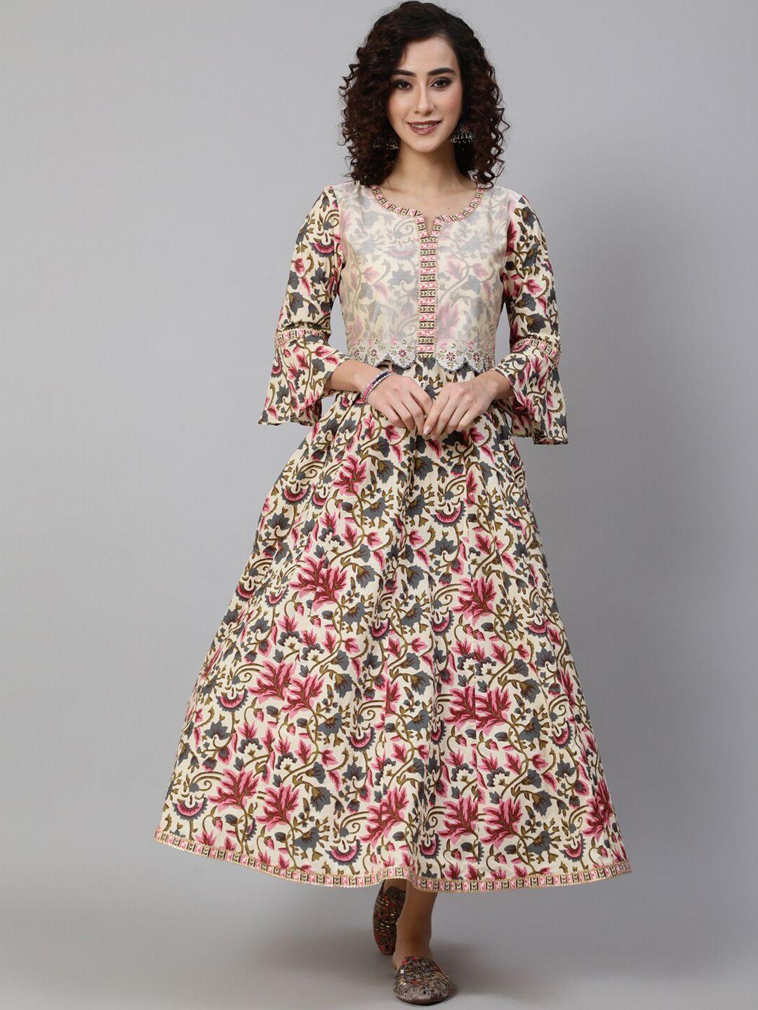 aks cream-coloured floral print bell sleeve maxi dress