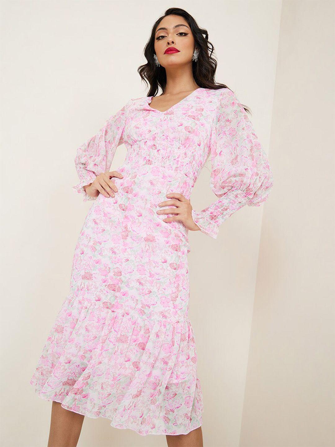 styli pink floral printed v-neck puff sleeves smocking tiered bodycon midi dress