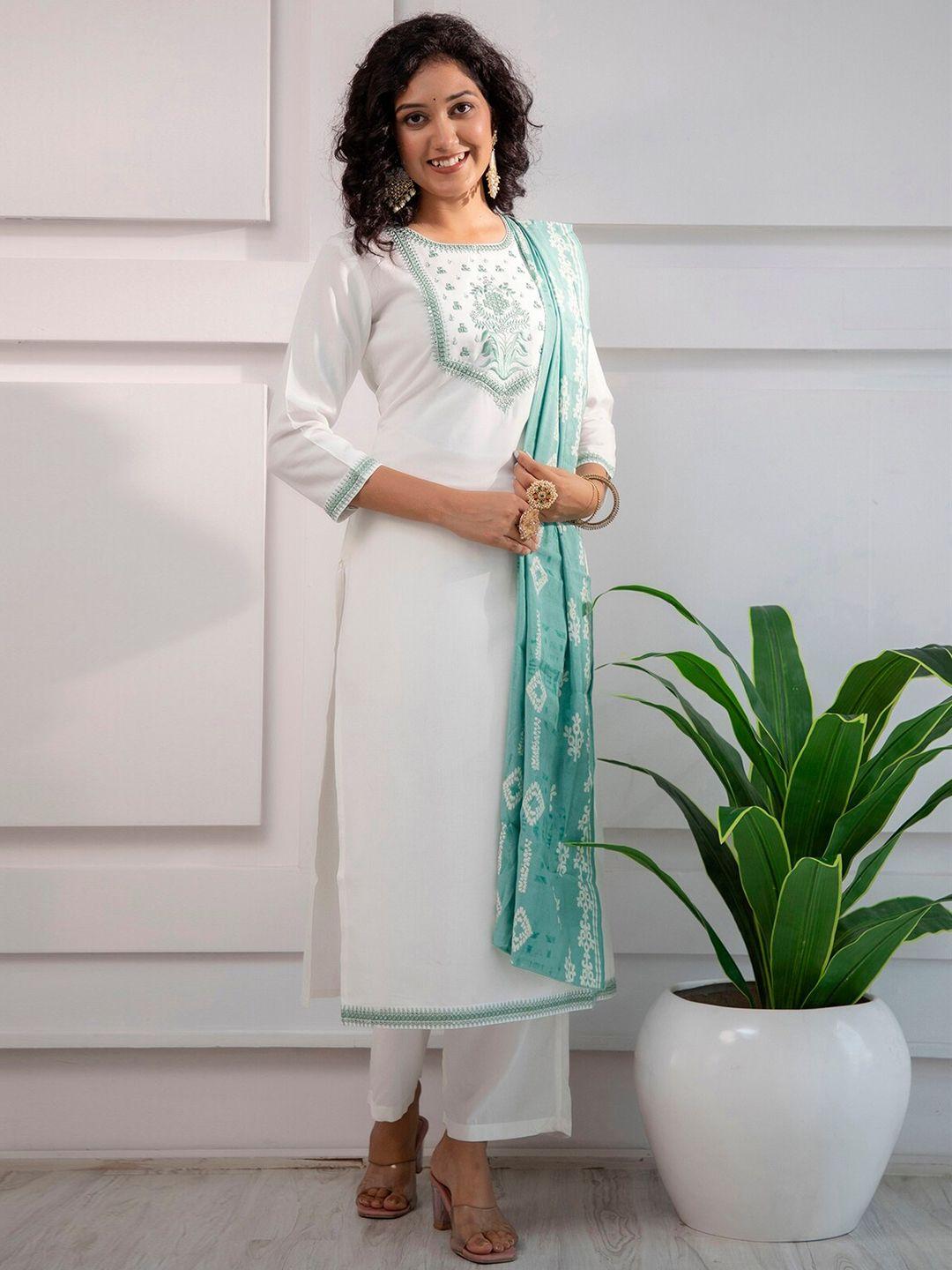 kalini floral yoke design mirror work straight kurta with palazzos & dupatta