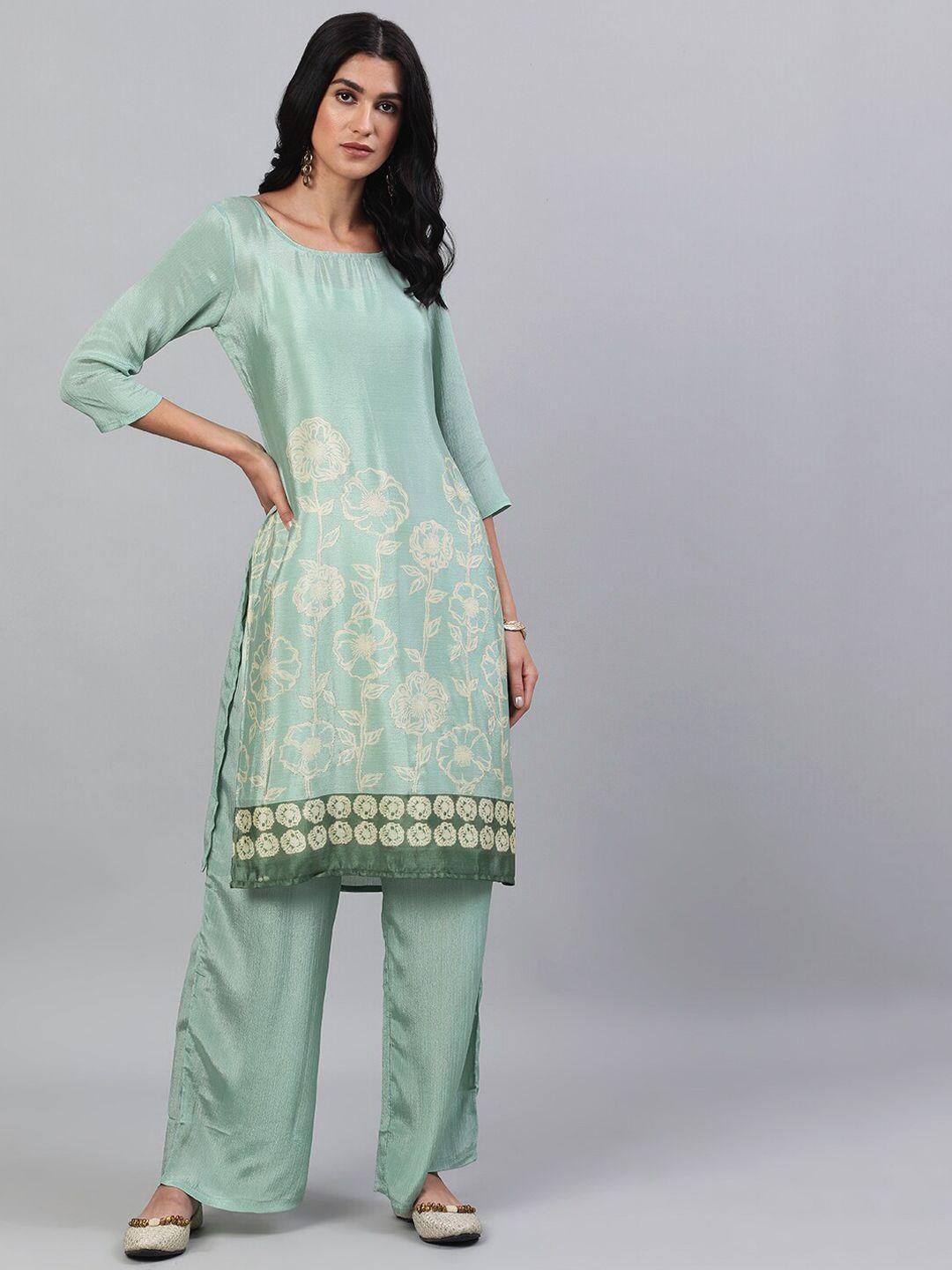 aks couture women green floral printed regular kurta with palazzos