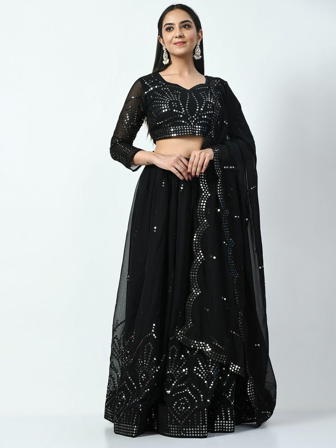 angroop black embellished sequinned semi-stitched lehenga & unstitched blouse with dupatta