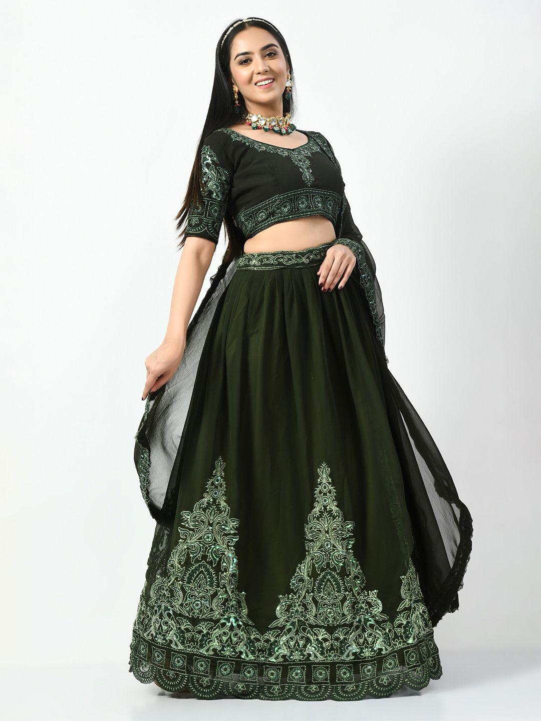 angroop olive green & gold-toned embellished sequinned semi-stitched lehenga & unstitched blouse with dupatta