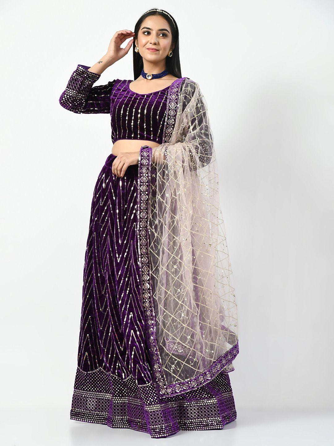 angroop purple & gold-toned embellished sequinned semi-stitched lehenga & unstitched blouse with dupatta