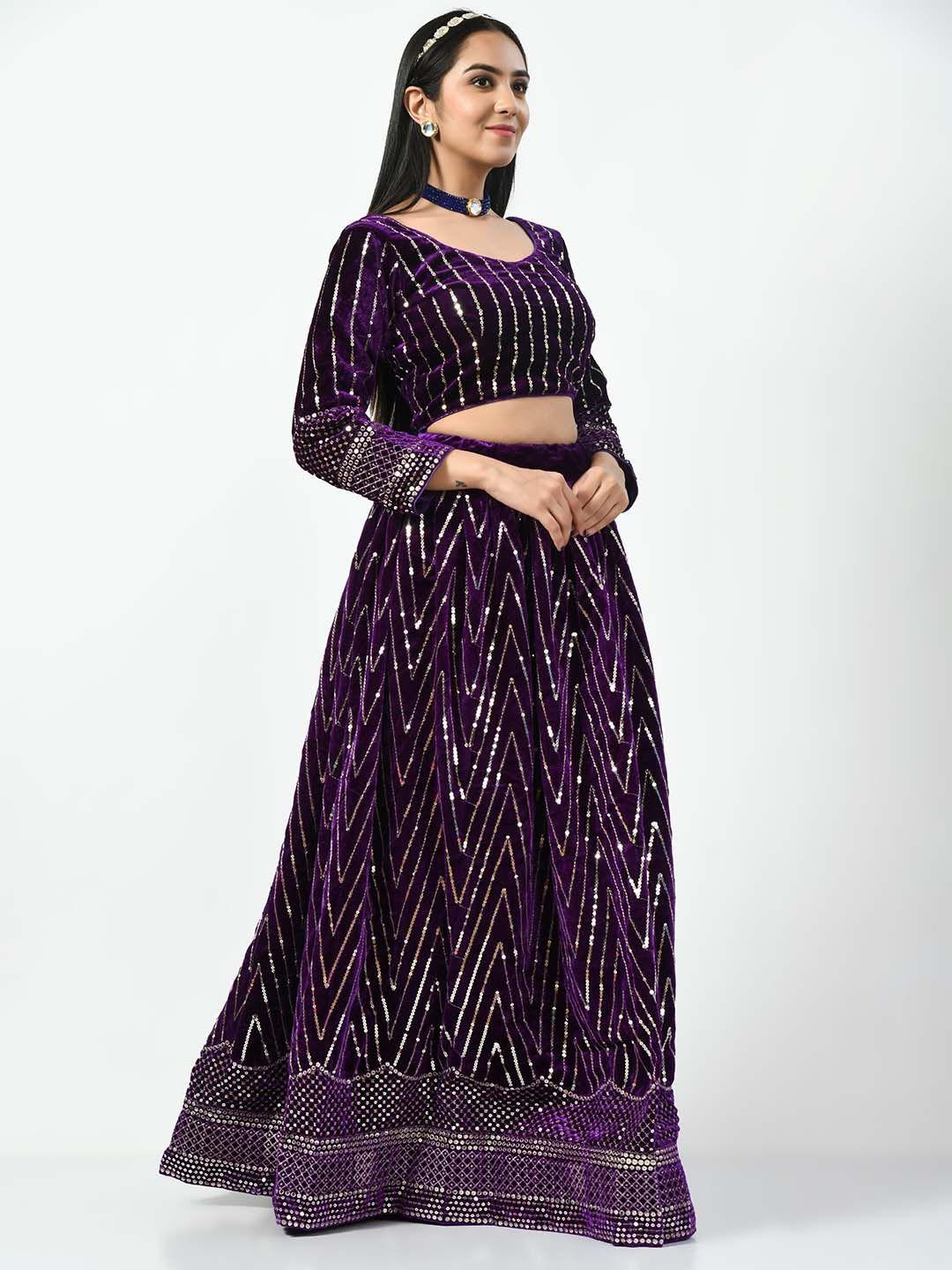 angroop purple & white embellished sequinned semi-stitched lehenga & unstitched blouse with dupatta