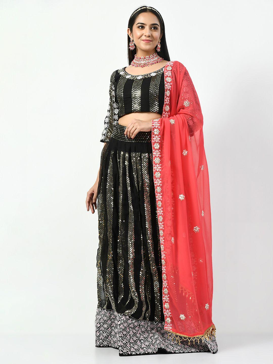 angroop black & red embellished sequinned semi-stitched lehenga & unstitched blouse with dupatta