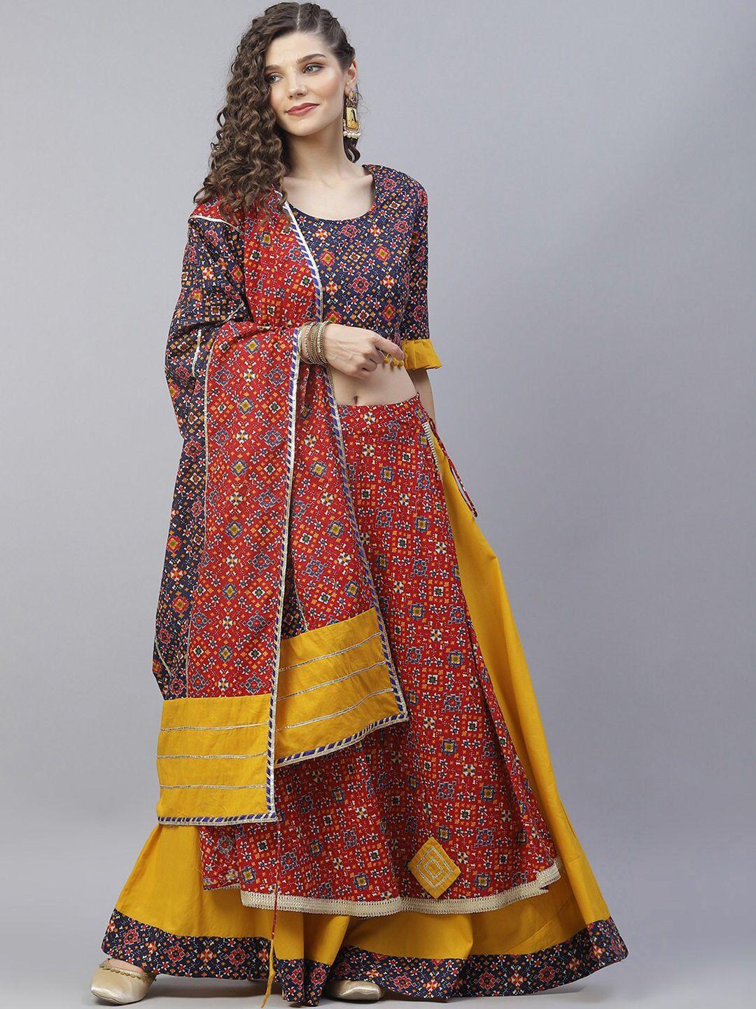 aks red & navy blue printed ready to wear lehenga & blouse with dupatta