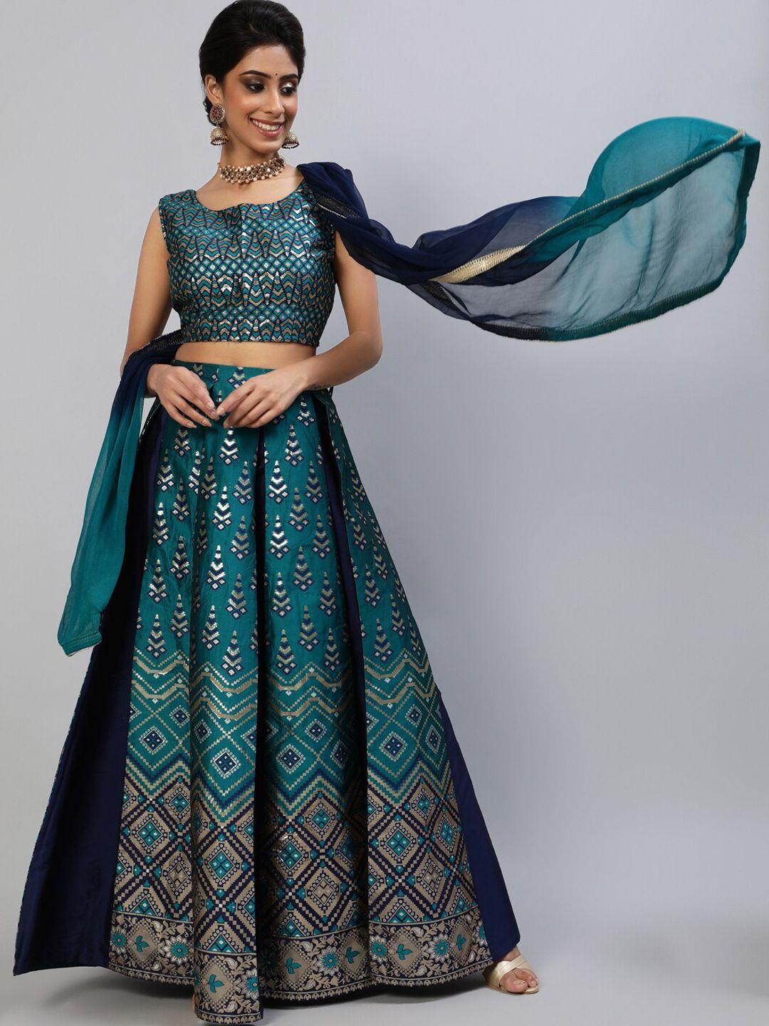 aks blue & gold-toned ready to wear lehenga & blouse with dupatta