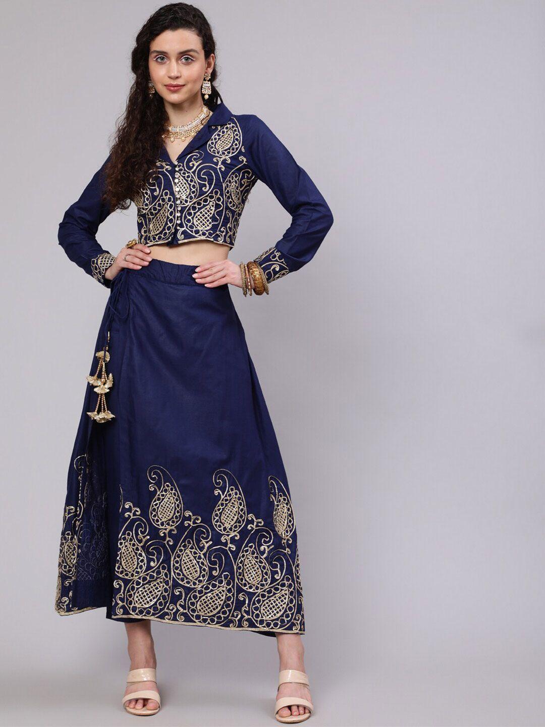 aks navy blue & gold-toned embroidered thread work ready to wear lehenga &