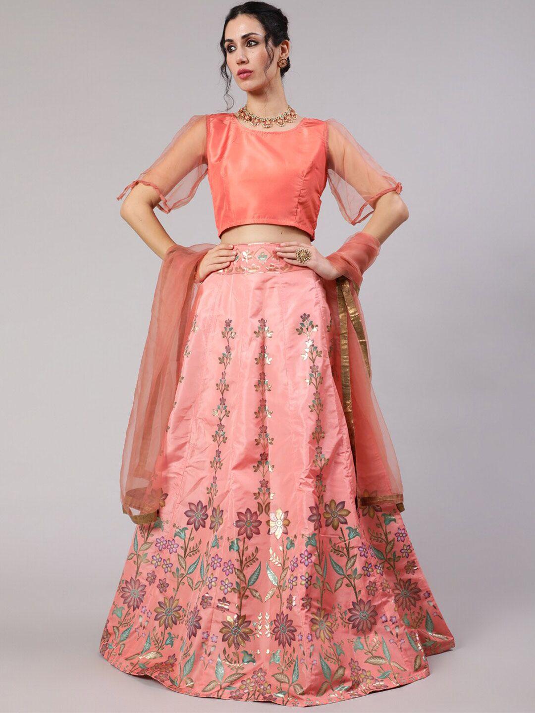 aks peach-coloured & gold-toned ready to wear lehenga & blouse with dupatta