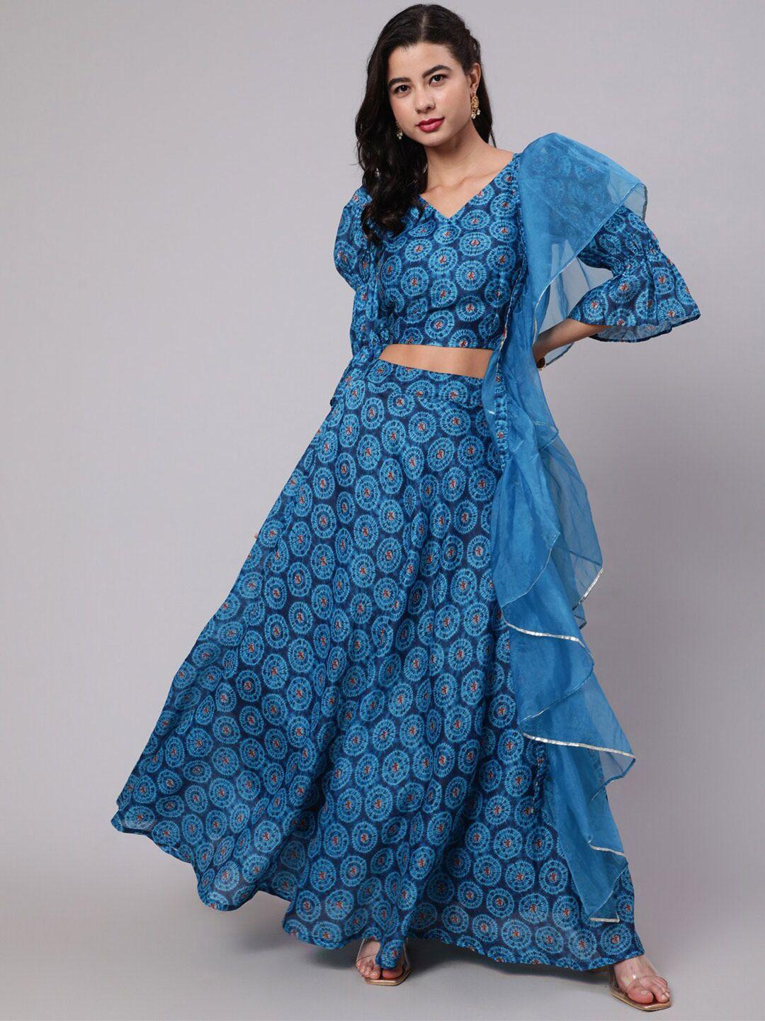 aks blue & brown printed ready to wear lehenga & blouse with dupatta