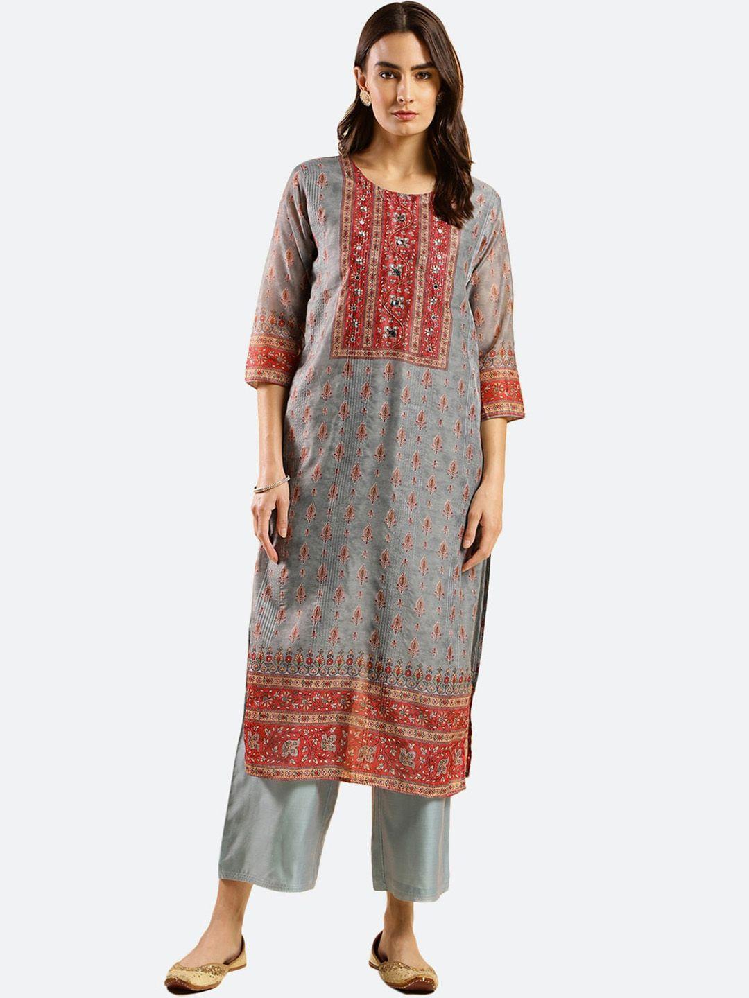 kalini floral printed yoke design round neck straight kurta