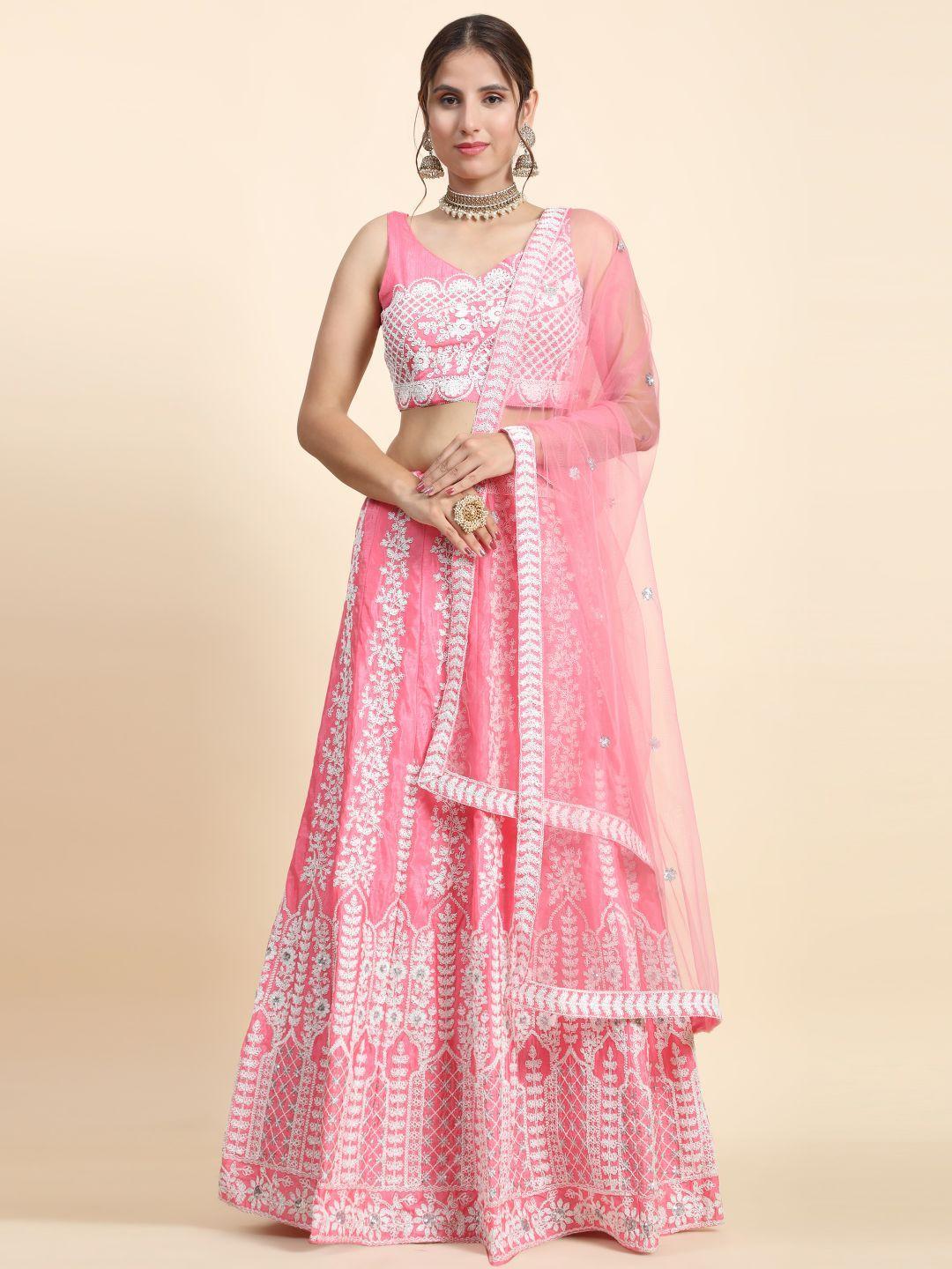 phenav pink & white embroidered thread work semi-stitched lehenga & blouse with dupatta