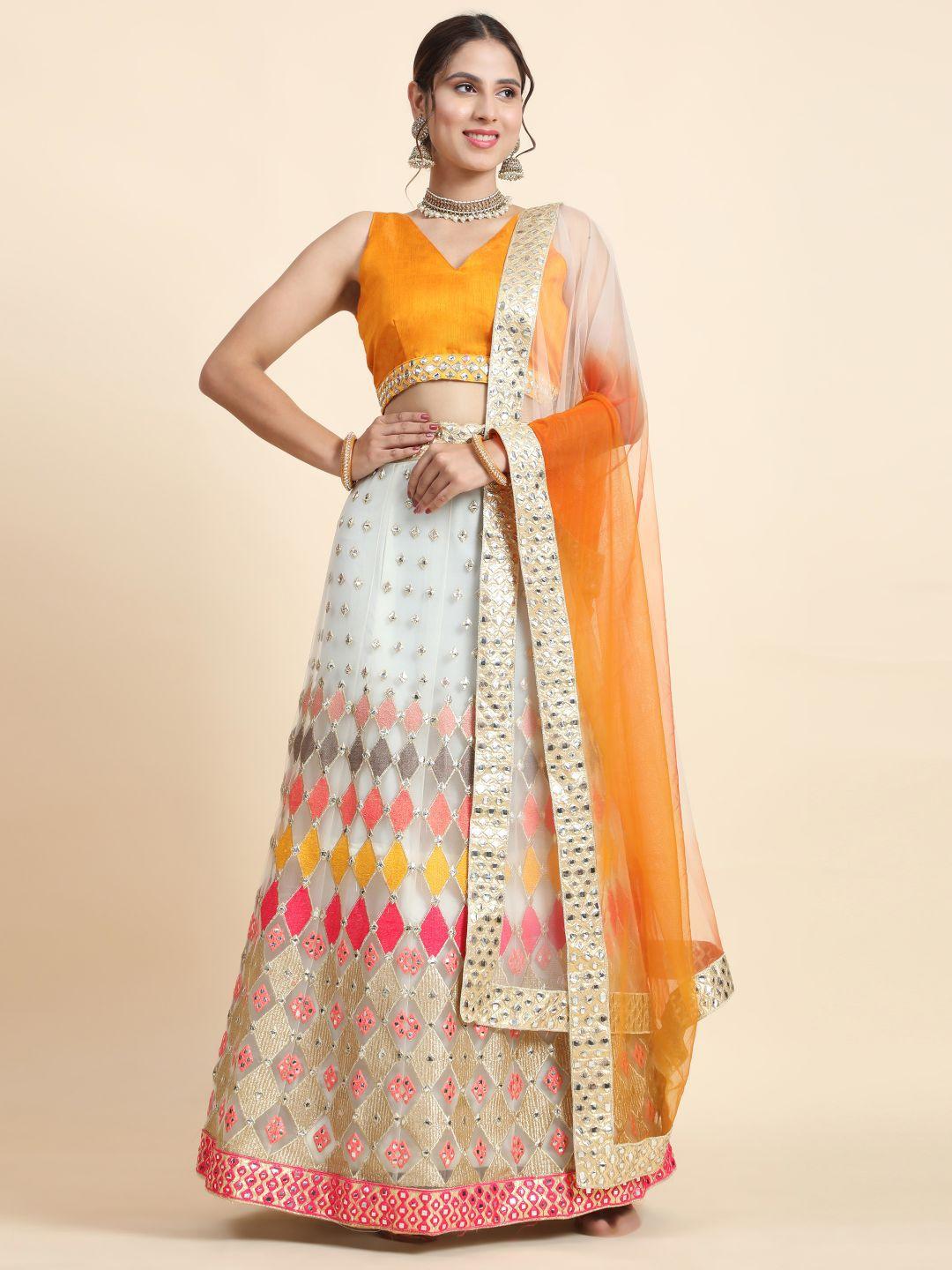 phenav white & orange sequinned semi-stitched lehenga & blouse with dupatta