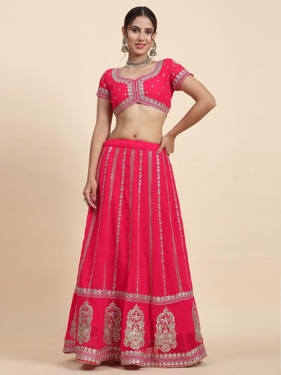 phenav pink & silver-toned embroidered thread work semi-stitched lehenga & blouse with dupatta